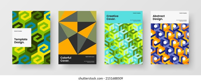 Simple magazine cover A4 vector design layout set. Unique geometric hexagons placard template bundle.