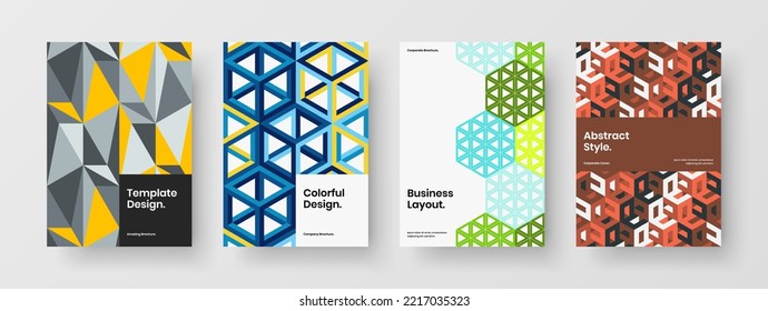 Simple magazine cover A4 vector design layout collection. Bright geometric hexagons brochure illustration set.