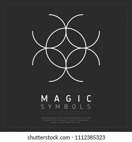 Simple magic symbol with crossed circles in white color on dark gray background