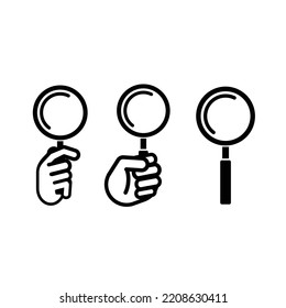 Simple magnifying glass and human hands holding magnifying glass icon vector set. Zoom symbol pictogram.