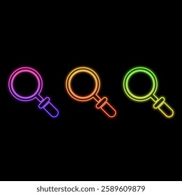 simple magnifying glass icon on black on white background. neon style.