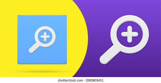 Simple magnifying glass with plus symbol 3d icon button set vector illustration. Label emblem zoom, add, searching information at cyberspace. Analysis, detection, discovery, examination, exploration