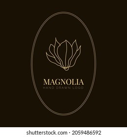 Simple magnolia flower logo illustration for real estate  Botanical floral emblem and typography brown background