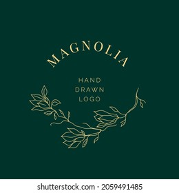 Simple magnolia flower logo illustration for real estate  Botanical floral emblem and typography grey background