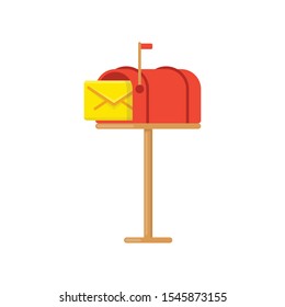 Simple Mail Box isolated on white background. Open red mailbox with yellow envelope. Flat post office box. E-mail concept. Marketing e-mail. Vector illustration EPS 10.