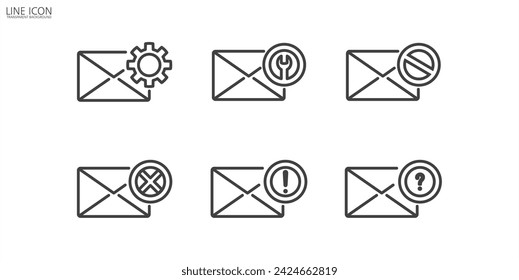 Conjunto de iconos de correo simple dañado. icono de informe de error de mensaje. Ilustración vectorial de icono de mensaje dañado. Icono de documento de correo rechazado en fondo transparente. Informe de errores de archivo . 