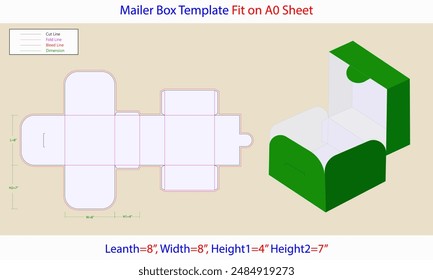 Simple Mailer Box L 8, W 8, H1 4, H2 7 inch Dieline Template. Editable Vector File