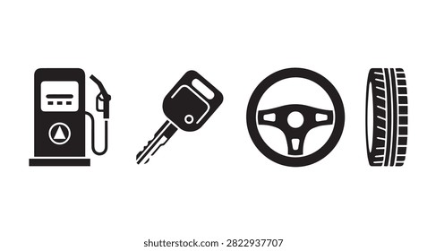 Simple main subject icon set showing car fuel pump key steering wheel and tire