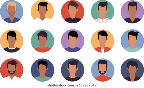 Conjunto de iconos masculinos simples, variación circular de la parte superior del cuerpo masculino