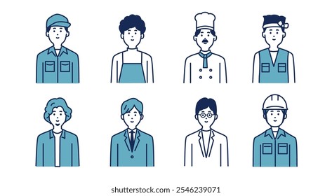 Simple Male Occupation Illustration Set: Workwear, Apron, Chef, Carpenter, Hairstylist, Suit, Lab Coat, and Helmet