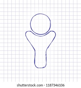 Simple male symbol. Man icon. Hand drawn picture on paper sheet. Blue ink, outline sketch style. Doodle on checkered background
