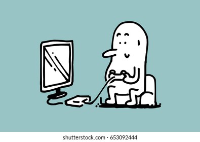 Simple man play the game on game console, Doodle vector illustration.