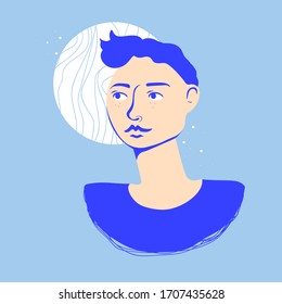 Simple man portrait in blue colors. Simple vector illustration.