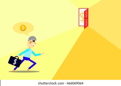 Simple man running with briefcase to money door, Graphic illustration, vector.
