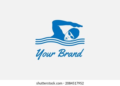 Simple Man Swimming Pool Silhouette Sea Ocean Water Wave for Sport Logo Design Vector