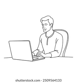 Einfacher Mann, der ein Laptop tippt Eine Zeile durchgängige Linie Kunst Vektorgrafik auf weißem Hintergrund