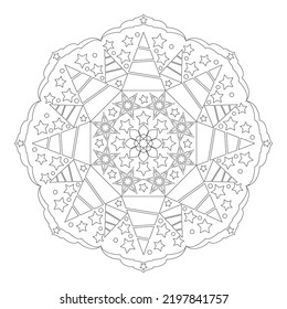 A simple mandala with Christmas trees, snowflakes and stars on a white background. Anti-stress coloring book for children and adults