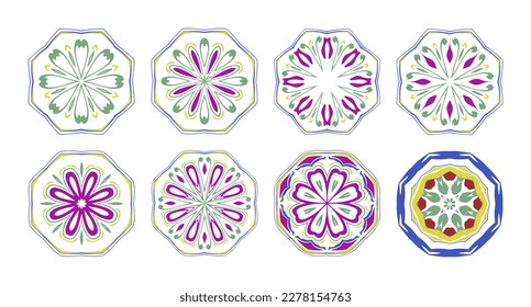 Simple mandala collection. Floral patterns in purple, green, yellow, red and blue colors on a white background. Mandala vector set as design concept.