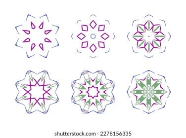 Simple mandala collection. Pattern of stars and flowers in green, blue and purple colors on a white background. Mandala vector set as design concept.