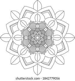 Simple Mandala coloring book design for beginners, seniors and children. Basic Mehndi flower pattern for Henna drawing and tattoo. Decoration in ethnic oriental, Indian style.