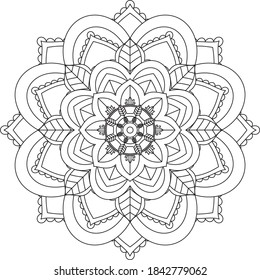 Simple Mandala coloring book design for beginners, seniors and children. Basic Mehndi flower pattern for Henna drawing and tattoo. Decoration in ethnic oriental, Indian style.