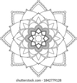 Sencillo diseño de libros en color Mandala para principiantes, adultos mayores y niños. Patrón básico de flores de Mehndi para el dibujo y tatuaje de Henna. Decoración de estilo étnico oriental, indio.