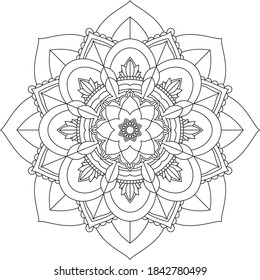 Simple Mandala coloring book design for beginners, seniors and children. Basic Mehndi flower pattern for Henna drawing and tattoo. Decoration in ethnic oriental, Indian style.