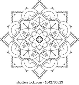 Simple Mandala coloring book design for beginners, seniors and children. Basic Mehndi flower pattern for Henna drawing and tattoo. Decoration in ethnic oriental, Indian style.
