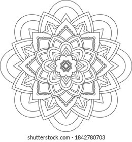 Simple Mandala coloring book design for beginners, seniors and children. Basic Mehndi flower pattern for Henna drawing and tattoo. Decoration in ethnic oriental, Indian style.
