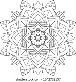 Sencillo diseño de libros en color Mandala para principiantes, adultos mayores y niños. Patrón básico de flores de Mehndi para el dibujo y tatuaje de Henna. Decoración de estilo étnico oriental, indio.