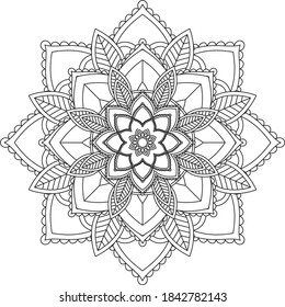 Simple Mandala coloring book design for beginners, seniors and children. Basic Mehndi flower pattern for Henna drawing and tattoo. Decoration in ethnic oriental, Indian style.
