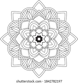 Simple Mandala coloring book design for beginners, seniors and children. Basic Mehndi flower pattern for Henna drawing and tattoo. Decoration in ethnic oriental, Indian style.