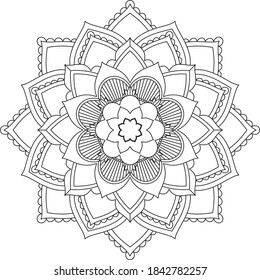 Simple Mandala coloring book design for beginners, seniors and children. Basic Mehndi flower pattern for Henna drawing and tattoo. Decoration in ethnic oriental, Indian style.