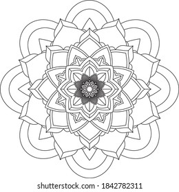 Simple Mandala coloring book design for beginners, seniors and children. Basic Mehndi flower pattern for Henna drawing and tattoo. Decoration in ethnic oriental, Indian style.