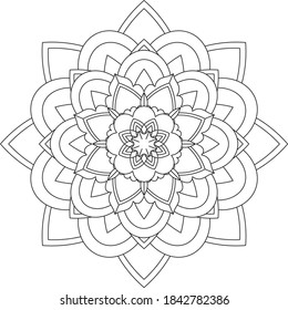 Simple Mandala coloring book design for beginners, seniors and children. Basic Mehndi flower pattern for Henna drawing and tattoo. Decoration in ethnic oriental, Indian style.