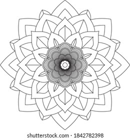 Simple Mandala coloring book design for beginners, seniors and children. Basic Mehndi flower pattern for Henna drawing and tattoo. Decoration in ethnic oriental, Indian style.