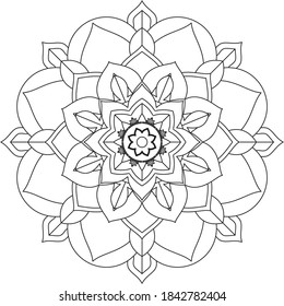 Simple Mandala coloring book design for beginners, seniors and children. Basic Mehndi flower pattern for Henna drawing and tattoo. Decoration in ethnic oriental, Indian style.