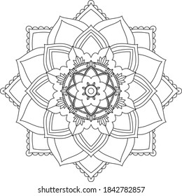 Simple Mandala coloring book design for beginners, seniors and children. Basic Mehndi flower pattern for Henna drawing and tattoo. Decoration in ethnic oriental, Indian style.