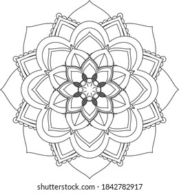 Simple Mandala coloring book design for beginners, seniors and children. Basic Mehndi flower pattern for Henna drawing and tattoo. Decoration in ethnic oriental, Indian style.