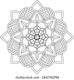 Simple Mandala coloring book design for beginners, seniors and children. Basic Mehndi flower pattern for Henna drawing and tattoo. Decoration in ethnic oriental, Indian style.