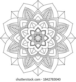 Simple Mandala coloring book design for beginners, seniors and children. Basic Mehndi flower pattern for Henna drawing and tattoo. Decoration in ethnic oriental, Indian style.
