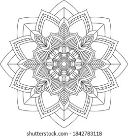 Simple Mandala coloring book design for beginners, seniors and children. Basic Mehndi flower pattern for Henna drawing and tattoo. Decoration in ethnic oriental, Indian style.
