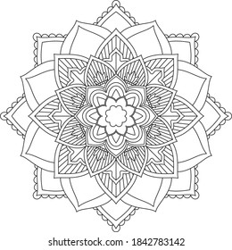 Simple Mandala coloring book design for beginners, seniors and children. Basic Mehndi flower pattern for Henna drawing and tattoo. Decoration in ethnic oriental, Indian style.