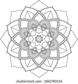 Einfaches Mandala-Farbbuchdesign für Anfänger, Senioren und Kinder. Grundlegende Mehndi-Blumenmuster für Henna-Zeichnung und Tattoo. Dekoration im orientalischen, indischen Stil.