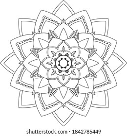 Simple Mandala coloring book design for beginners, seniors and children. Basic Mehndi flower pattern for Henna drawing and tattoo. Decoration in ethnic oriental, Indian style.