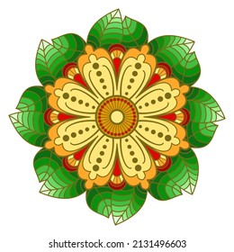 A simple mandala with a flower and leaves. Colorful decorative element for the design of textiles, fabrics, printed products
