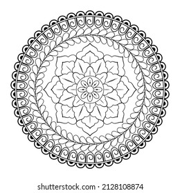 A simple mandala with a flower and leaves on a white background. Black contour drawing. Coloring book for children. Decorative element for printing