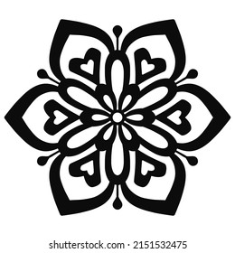 Simple mandala flower vector design with heart shapes and black outline.