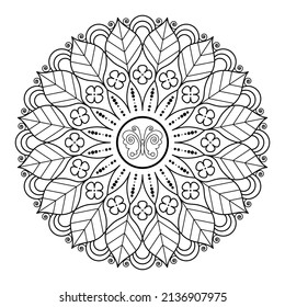 A simple mandala with flowers, leaves and a butterfly on a white background. Decorative element for design. Coloring book for children and adults