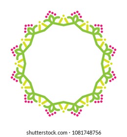 Simple mandala frame made of thick lines and dots of cheerful colors - red, green and yellow.